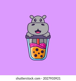 Cute hippopotamus Drinking Boba milk tea. Animal cartoon concept isolated. Can used for t-shirt, greeting card, invitation card or mascot.