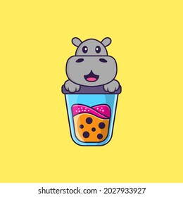 Cute hippopotamus Drinking Boba milk tea. Animal cartoon concept isolated. Can used for t-shirt, greeting card, invitation card or mascot.