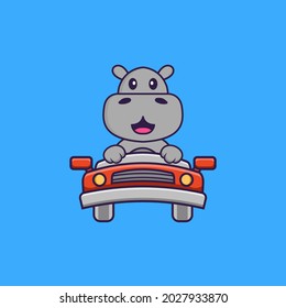 Cute hippopotamus is driving. Animal cartoon concept isolated. Can used for t-shirt, greeting card, invitation card or mascot.