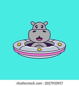 Cute hippopotamus Driving Spaceship Ufo. Animal cartoon concept isolated. Can used for t-shirt, greeting card, invitation card or mascot.
