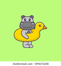 Cute hippopotamus With Duck buoy. Animal cartoon concept isolated. Can used for t-shirt, greeting card, invitation card or mascot.