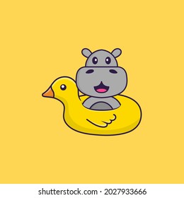 Cute hippopotamus With Duck buoy. Animal cartoon concept isolated. Can used for t-shirt, greeting card, invitation card or mascot.