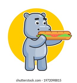 Cute hippopotamus eat big sandwich. Hippo eat fast food logo. Modern vector illustration