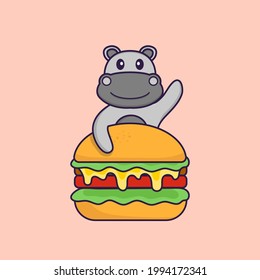 Cute hippopotamus eating burger. Animal cartoon concept isolated. Can used for t-shirt, greeting card, invitation card or mascot.