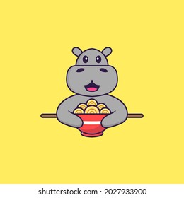 Cute hippopotamus eating ramen noodles. Animal cartoon concept isolated. Can used for t-shirt, greeting card, invitation card or mascot.