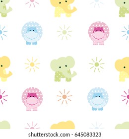 Cute hippopotamus, elephant seamless childlike vector pattern