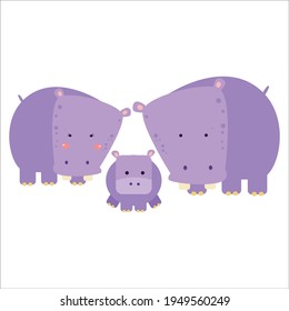 Cute Hippopotamus Family Animal Flat Cartoon Character Vector Template Design Illustration