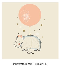 Cute hippopotamus flies on a balloon. cartoon hand drawn vector illustration. Can be used for baby t-shirt print, fashion print design, kids wear, baby shower celebration greeting and invitation card.