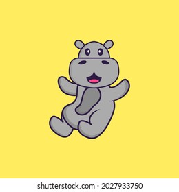 Cute hippopotamus is flying. Animal cartoon concept isolated. Can used for t-shirt, greeting card, invitation card or mascot.