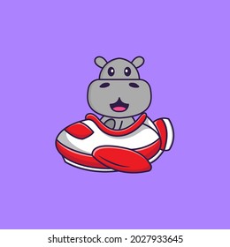 Cute hippopotamus flying on a plane. Animal cartoon concept isolated. Can used for t-shirt, greeting card, invitation card or mascot.