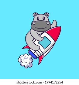 Cute hippopotamus flying on rocket. Animal cartoon concept isolated. Can used for t-shirt, greeting card, invitation card or mascot.