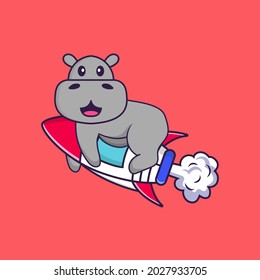 Cute hippopotamus flying on rocket. Animal cartoon concept isolated. Can used for t-shirt, greeting card, invitation card or mascot.