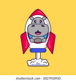 Cute hippopotamus flying on rocket. Animal cartoon concept isolated. Can used for t-shirt, greeting card, invitation card or mascot.