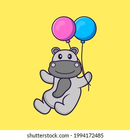 Cute hippopotamus flying with two balloons. Animal cartoon concept isolated. Can used for t-shirt, greeting card, invitation card or mascot.
