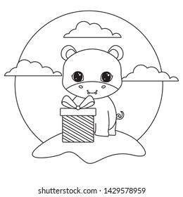 cute hippopotamus with gift box in landscape
