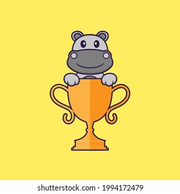 Cute hippopotamus with gold trophy. Animal cartoon concept isolated. Can used for t-shirt, greeting card, invitation card or mascot.