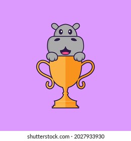 Cute hippopotamus with gold trophy. Animal cartoon concept isolated. Can used for t-shirt, greeting card, invitation card or mascot.
