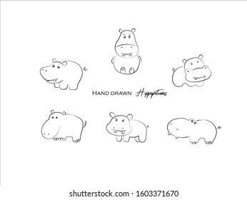 cute hippopotamus hand drawn icon vector set line art, Doodle Cartoon Animals in black and white style, Perfect for invitations,greeting cards, prints, posters