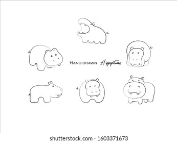 cute hippopotamus hand drawn icon vector set line art, Doodle Cartoon Animals in black and white style, Perfect for invitations,greeting cards, prints, posters