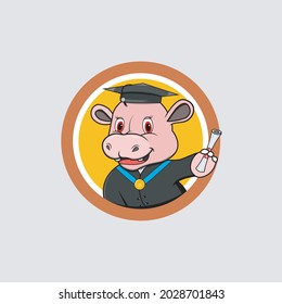 Cute Hippopotamus Head Graduate Circle Label , Yellow Colors Background, Cartoon, Mascot, Animals, Character, Vector and Illustration.