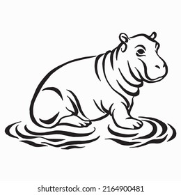 Cute hippopotamus or hippo in puddle. Black and white drawing. Linear drawing. calligraphic vector illustration.