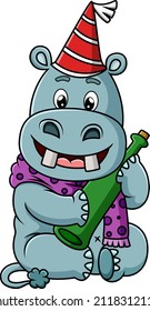 The cute hippopotamus is holding the beer bottle of illustration