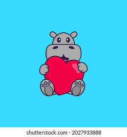 Cute hippopotamus holding a big red heart. Animal cartoon concept isolated. Can used for t-shirt, greeting card, invitation card or mascot.