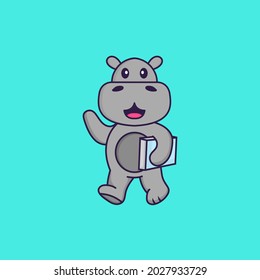 Cute hippopotamus holding a book. Animal cartoon concept isolated. Can used for t-shirt, greeting card, invitation card or mascot.