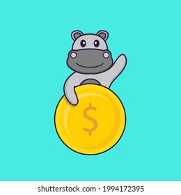 Cute hippopotamus holding coin. Animal cartoon concept isolated. Can used for t-shirt, greeting card, invitation card or mascot.