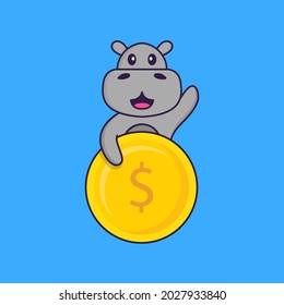 Cute hippopotamus holding coin. Animal cartoon concept isolated. Can used for t-shirt, greeting card, invitation card or mascot.