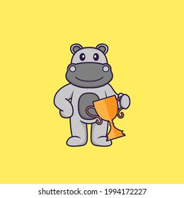 Cute hippopotamus holding gold trophy. Animal cartoon concept isolated. Can used for t-shirt, greeting card, invitation card or mascot.