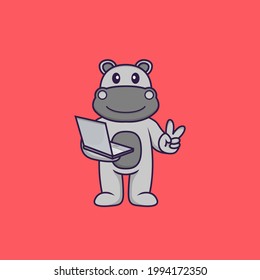 Cute hippopotamus holding laptop. Animal cartoon concept isolated. Can used for t-shirt, greeting card, invitation card or mascot.