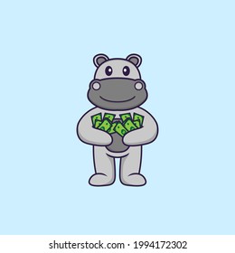 Cute hippopotamus holding money. Animal cartoon concept isolated. Can used for t-shirt, greeting card, invitation card or mascot.