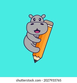 Cute hippopotamus holding a pencil. Animal cartoon concept isolated. Can used for t-shirt, greeting card, invitation card or mascot.