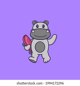 Cute hippopotamus holding a skateboard. Animal cartoon concept isolated. Can used for t-shirt, greeting card, invitation card or mascot.