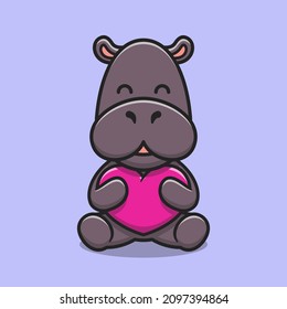 Cute hippopotamus hugging love heart cartoon icon illustration. Animal nature icon concept isolated premium vector. Flat cartoon style