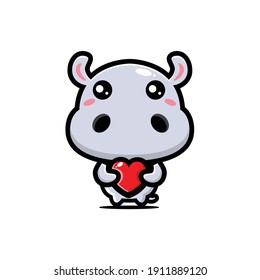 Cute hippopotamus hugs heart, love concept.