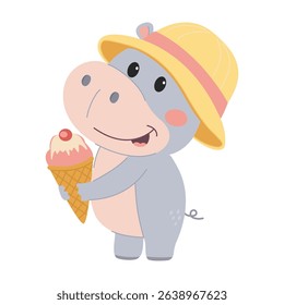 Cute hippopotamus with ice cream and hat. Flat vector illustration in simple child style isolated on white background