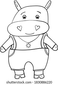 Cute Hippopotamus in jumpsuit. Black and white illustration Hand drawn vector.