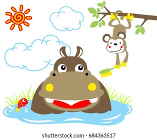 Cute hippopotamus with little fish in water, monkey holding toothbrush on tree branches, vector cartoon illustration