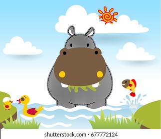 Cute hippopotamus with little friends in the swamp, vector cartoon illustration