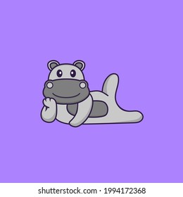 Cute hippopotamus lying down. Animal cartoon concept isolated. Can used for t-shirt, greeting card, invitation card or mascot.