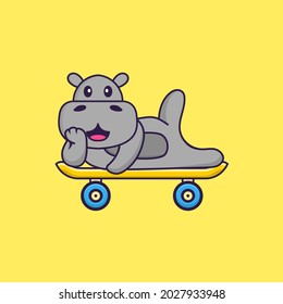 Cute hippopotamus lying on a skateboard. Animal cartoon concept isolated. Can used for t-shirt, greeting card, invitation card or mascot.