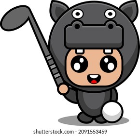 cute hippopotamus mascot costume cartoon character vector illustration playing golf