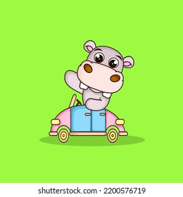 Cute Hippopotamus Mascot Riding In Car