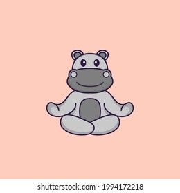 Cute hippopotamus is meditating or doing yoga. Animal cartoon concept isolated. Can used for t-shirt, greeting card, invitation card or mascot.