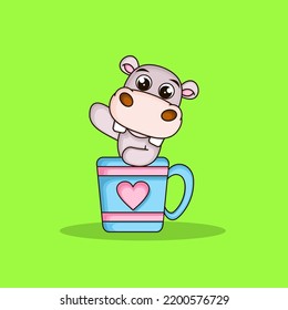 Cute Hippopotamus On Cup Waving