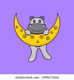 Cute hippopotamus is on the moon. Animal cartoon concept isolated. Can used for t-shirt, greeting card, invitation card or mascot.