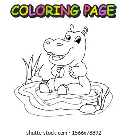 Cute hippopotamus on the puddle, vector cartoon for kids coloring book and page 