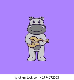 Cute hippopotamus playing guitar. Animal cartoon concept isolated. Can used for t-shirt, greeting card, invitation card or mascot.